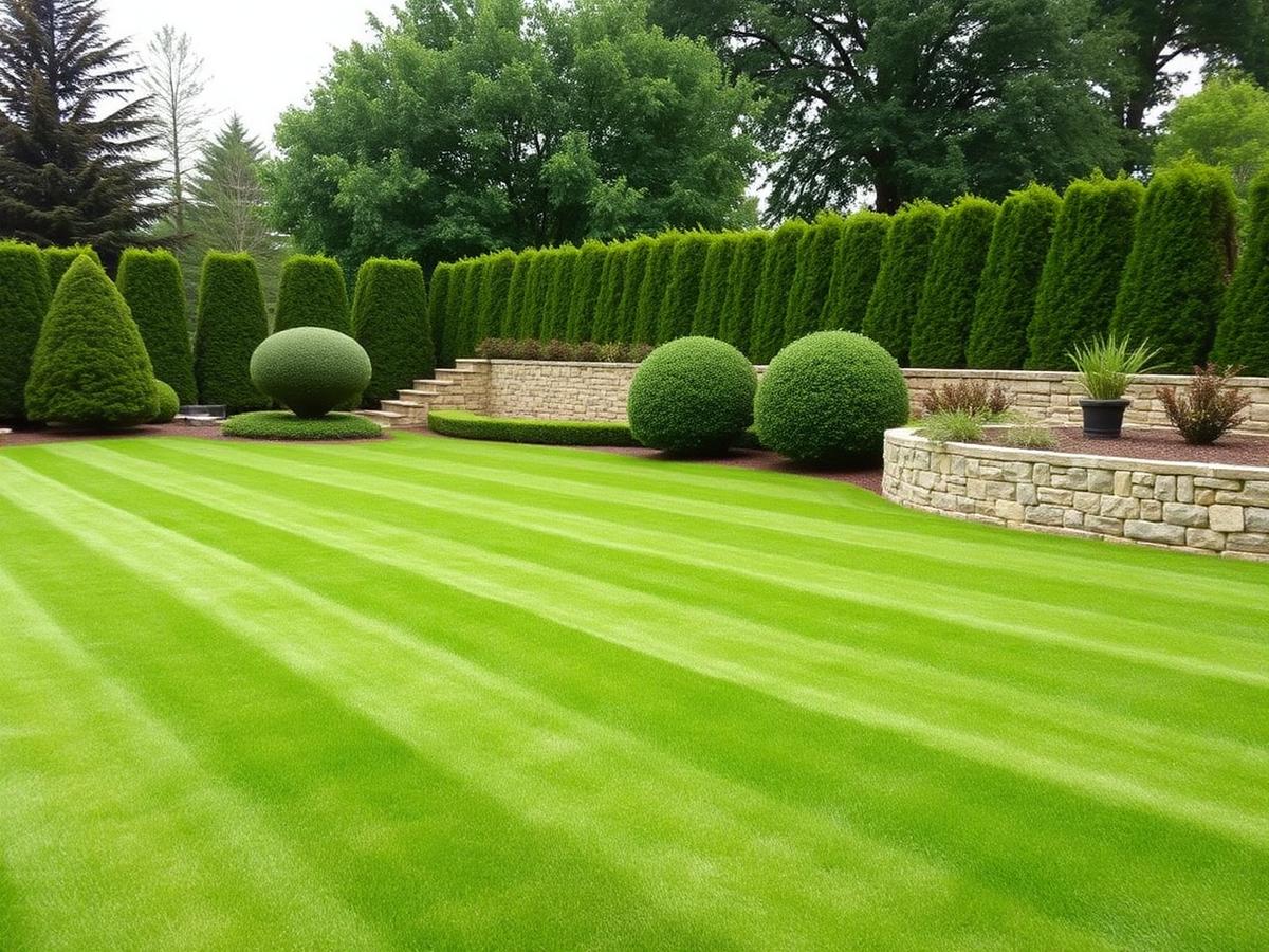 Estate lawn with crisp mowing stripes, sculpted hedges and a stone retaining wall